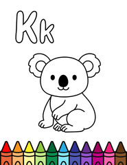 Cute coloring page illustration of a koala sitting down, designed for kids learning the alphabet with the letter K. Simple line art with thick outlines makes it fun and easy to color.