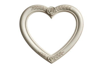 Ornate antique silver heart shaped picture frame with floral embellishments isolated on transparent background