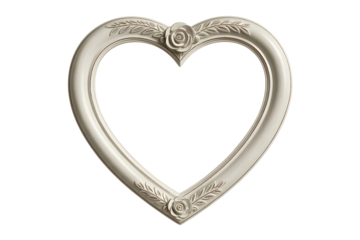 Ornate antique silver heart shaped picture frame with floral embellishments isolated on transparent background