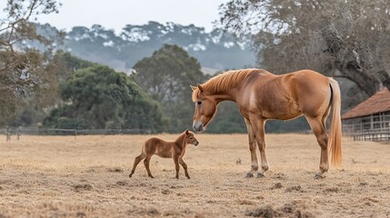 Fototapeta premium Mare and Foal in a Golden Field Pasture