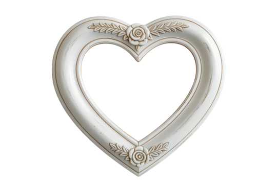 Elegant white heart shaped frame with ornate floral details isolated on transparent background