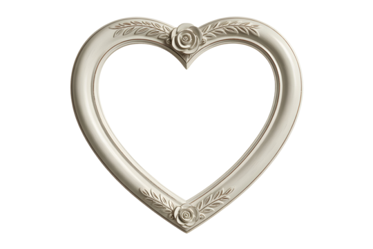 Ornate antique silver heart shaped picture frame with floral embellishments isolated on transparent background