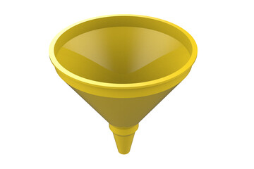Bright Yellow Plastic Funnel 3D Render - High-Resolution Isolated Graphic for Fluid Transfer, Oil Pouring, Fuel Refueling, Chemical Handling, Kitchen and Automotive Use on Transparent PNG Background.