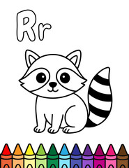 Cute raccoon coloring page for kids with the letter R. Features a simple cartoon raccoon with big eyes and striped tail, fun and easy to color with crayons. Perfect for alphabet learning activity.
