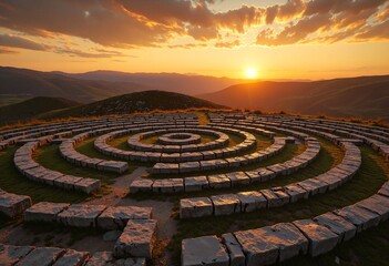 Stone Labyrinth at Sunset Over Rolling Hills