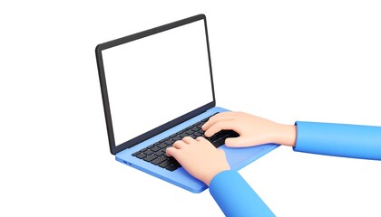 Cartoon hands typing on a light blue laptop