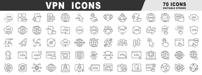 Clean outline VPN icon set illustrating security, privacy, encryption, proxy, browser, cloud, globe, mobile, speed, settings, verified protection, network internet