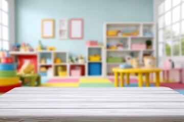 Empty table in a blurred childrens playroom