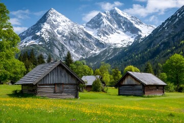 Obraz premium Wooden huts nestled in blooming meadow with majestic mountain backdrop