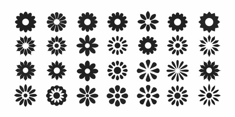 Collection of diverse black flower icons and symbols on a white background