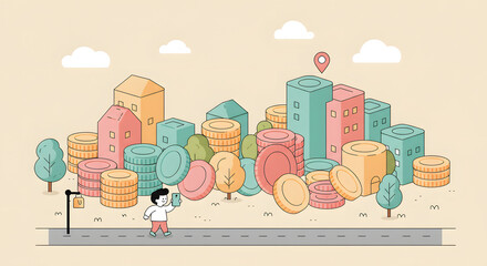 Digital Investment Landscape: Person Taking Selfie in City Made of Buildings and Coins with Fintech and Digital Currency Representation.