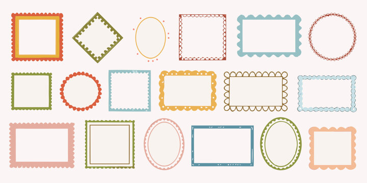 Collection of hand drawn decorative frames and borders in various shapes and colors