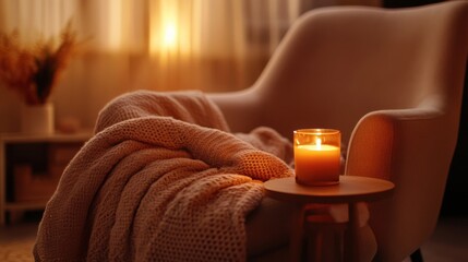 Comfortable armchair adorned with mocha mousse blanket and lit candle.