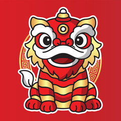 Cute lion dance character illustration in red and gold costume, symbolizing luck, celebration, and tradition during Chinese New Year festivals, with bold lines and festive design.
