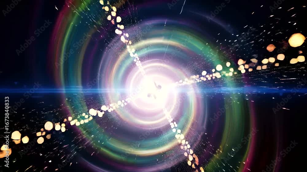 Poster abstract light tunnel animation with dynamic bright particles and colorful rings formation