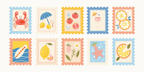 Collection of ten colorful flat design postage stamps featuring summer vacation and beach themes
