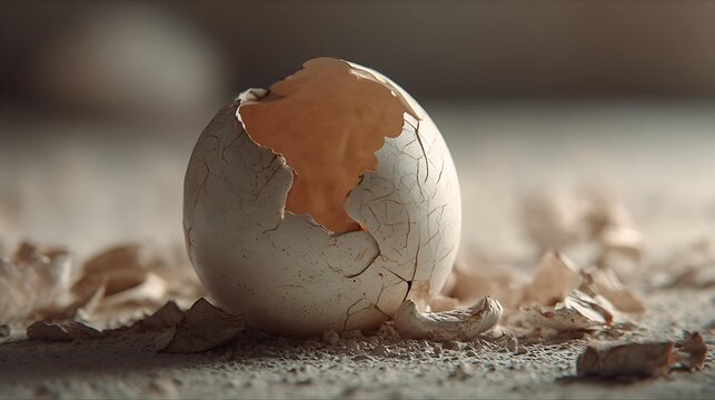 A cracked white eggshell rests on a textured surface, symbolizing new beginnings and potential.