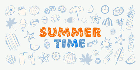 Summer time hand drawn icons and text with tropical and beach elements