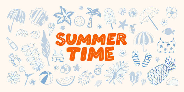 Vibrant summer time lettering surrounded by a playful collection of beach and vacation doodles