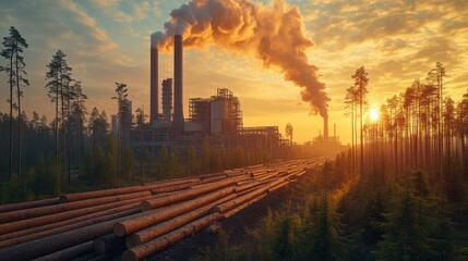 Sunrise factory pollution, forest logs