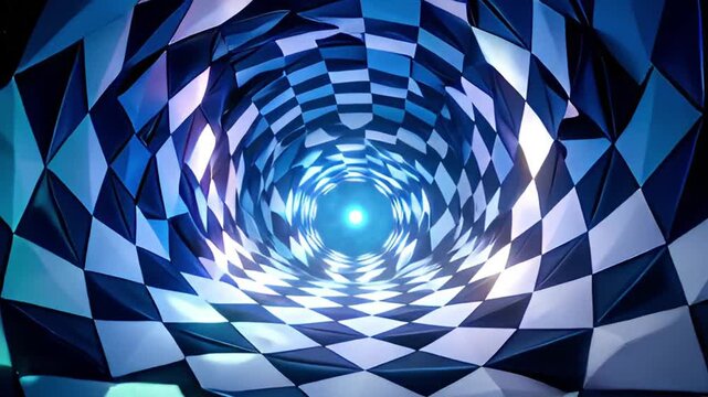 A mesmerizing, abstract, tunnel-like structure with a checkerboard pattern, leading to a bright, central light. 4K seamless looping footage. Animated video 4K UHD.