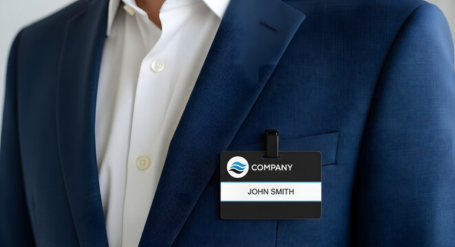 Corporate branding and employee identity mockup with a blank polo shirt, name badge, and professional accessories