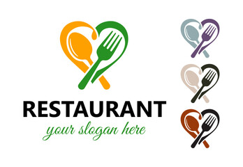 Creative restaurant logo. Combined emblem and hearts spoon and fork. Vector style.