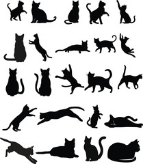 Funny cat icon.Collection of silhouette of funny cats in different poses. Vector illustration isolated on white background. Drawing with children.Halloween damn kittens.Cat is misbehaving and playing