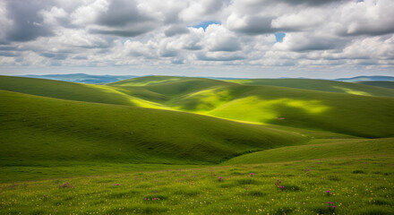 Fototapeta premium Rolling Hills and Sunny Skies A Serene Green Landscape Under a Cloudy Sky, with Wisps of Grass Catching the Sun's Rays