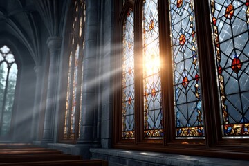 Sunlight shining through stained glass windows in church