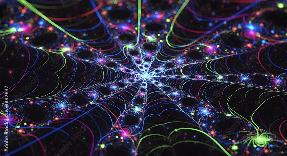 Poster colorful fractal pattern with intricate details, resembling a cosmic web of light.