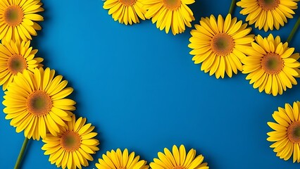 Vibrant yellow gerbera daisies arranged artistically against a deep blue background, minimalist floral concept