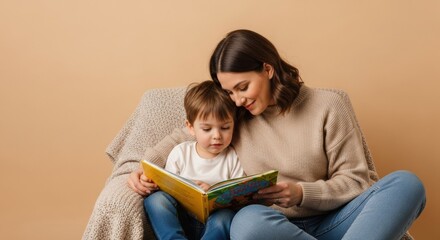 A smiling mother and her young son are engrossed in a picture book while cuddling in a comfortable chair. A beautiful scene of parenting and sharing a love of reading.
