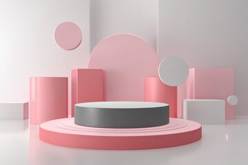Minimalist geometric stage with pink and grey podiums for product display and advertising