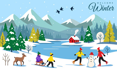 Winter Landscape Illustration with Snowy Mountains, Ice Skating, Cabin, Deer, and Snowman, for winter banners, holiday posters, winter promotion flyer , winter backgrounds
