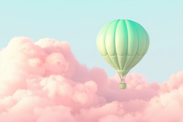 Fototapeta premium Minimalist hot air balloon floating in pastel sky above soft pink clouds. Dreamy and whimsical atmosphere, symbol of freedom, travel and adventure