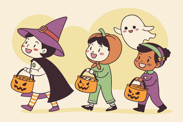 Naklejka premium Happy Children Trick or Treating in Halloween Costumes with Ghost Vector Illustration