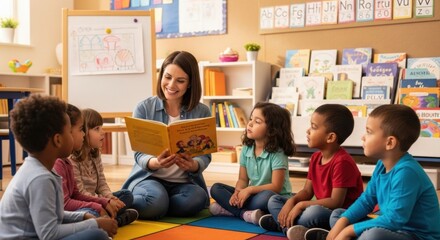 A smiling preschool teacher sits with a multiethnic group of children during story time in a cheerful classroom. A concept for inclusive and engaging early learning.