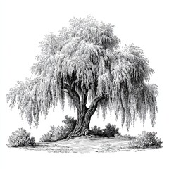 Engraving sketch of an old willow tree with detailed drooping branches and leaves isolated on white background