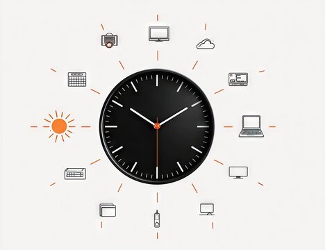 Digital devices represented as clock elements, depicting time management on white background