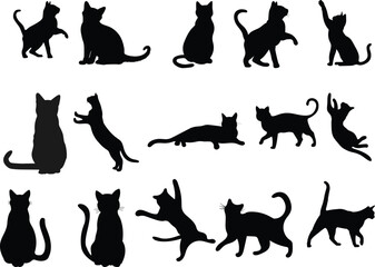 Funny cat icon.Collection of silhouette of funny cats in different poses. Vector illustration isolated on white background. Drawing with children.Halloween damn kittens.Cat is misbehaving and playing
