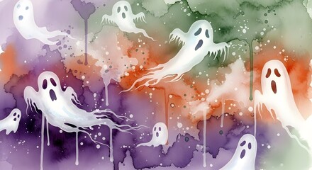 Watercolor painting of spooky ghosts floating in the air for Halloween.