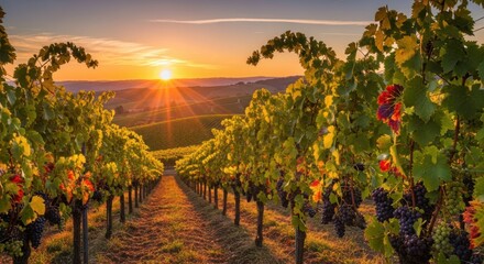 Naklejka premium Vineyard Rows at Sunset: Golden Light on Grapes and Rolling Hills