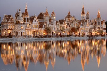 Fototapeta premium Medieval village by a lake at twilight, illuminated