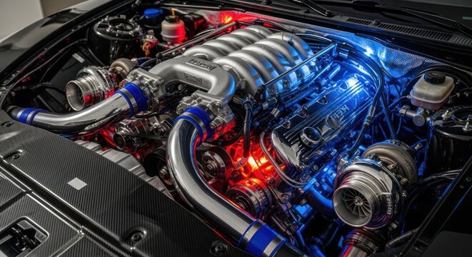 Detailed Car Engine with Chrome Pipes and Red and Blue Lighting