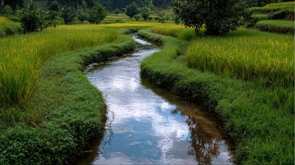 Serene stream through rice fields