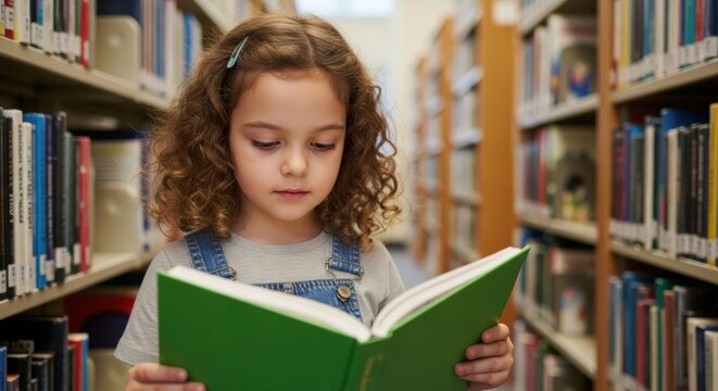 A focused young girl with curly hair and overalls stands between bookshelves in a library, engrossed in reading a book with a green cover.