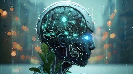 A digital depiction of a human face integrated with futuristic AI and technological elements, glowing orange eyes.