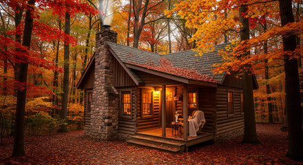 Fototapeta premium Cozy Rustic Cabin Amidst Autumn Foliage and Serene Forest Landscape