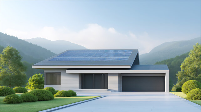 Modern smart home with solar panels on roof in green landscape, sustainable architecture concept symbolizing clean energy, eco living, innovation, future technology and environmental responsibility. - Powered by Adobe